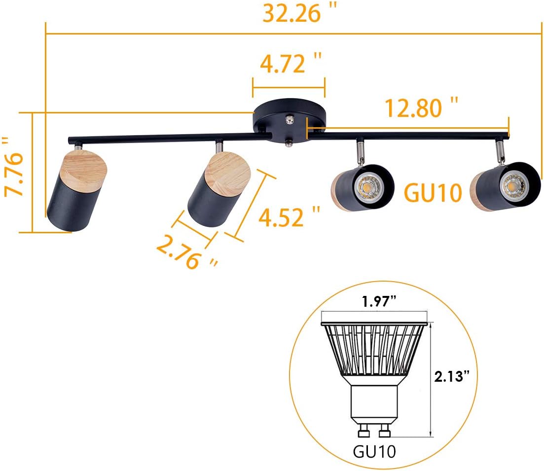 Tech Deals 🔥 TeHenoo Adjustable Track Lighting Kit, 4-Lights Ceiling Light GU10 Bulb with Metal and Wood Shade for Living Room, Kitchen, Utility Room (Black)