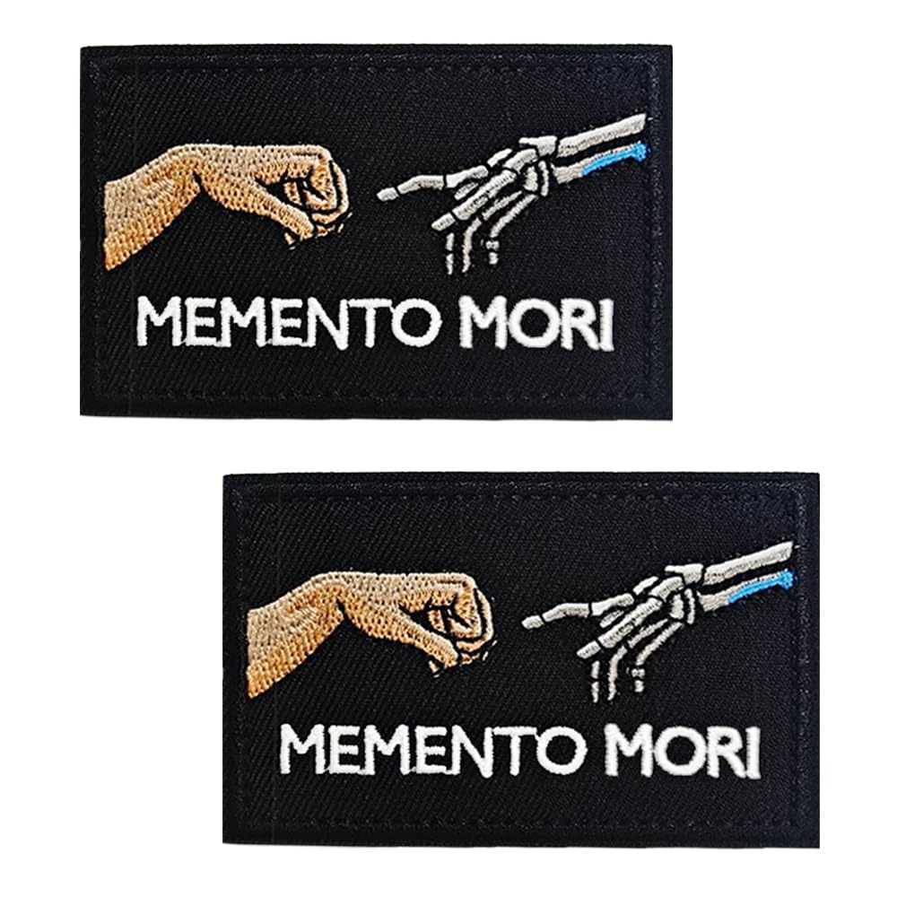 2 PCS Memento Mori Remember Death Patch Tactical Embroidered Emblem Morale Applique Badge Hook and Loop Patch for Clothes Backpack Jacket Armband Pants Uniforms Pouch Jeans Vest Hat