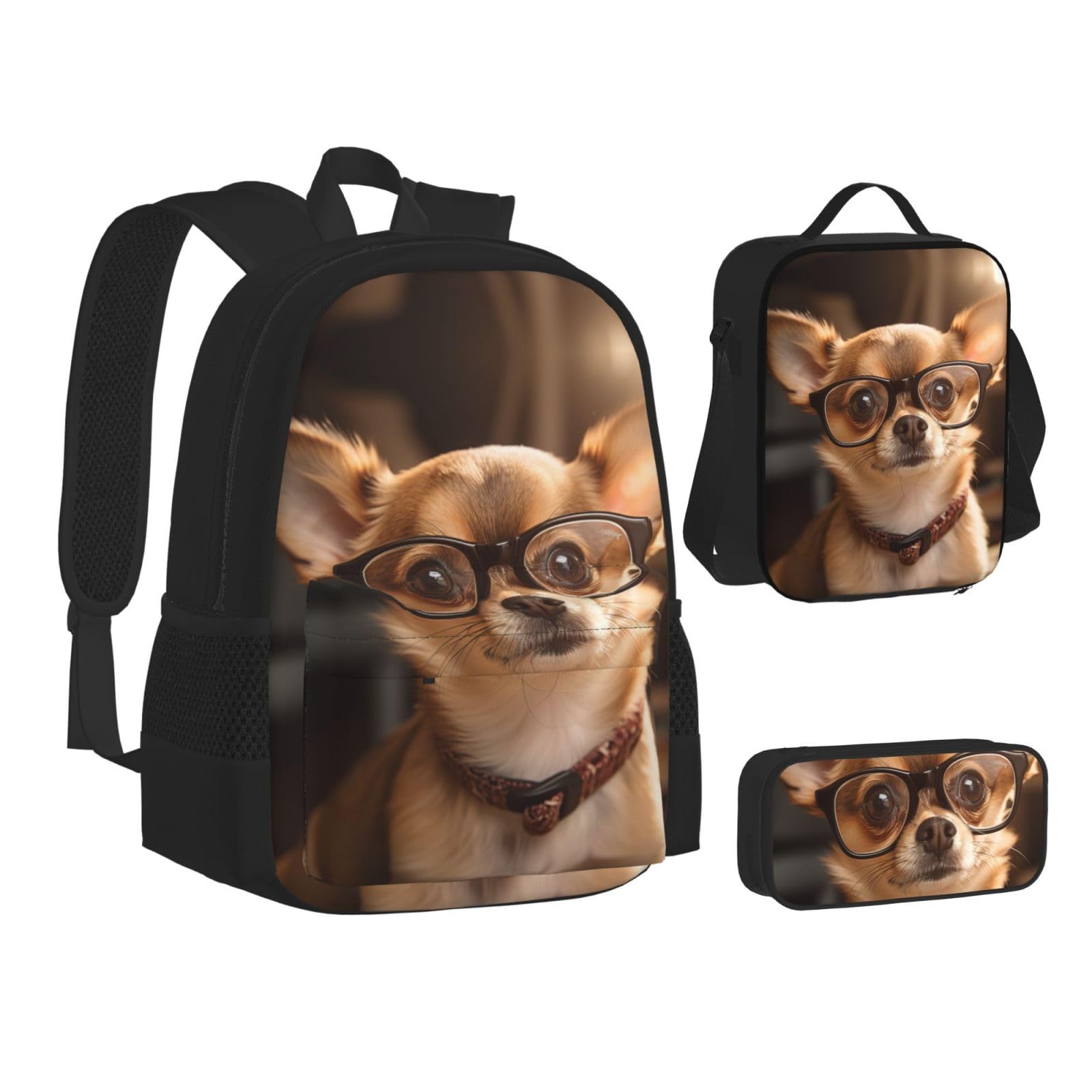 Chihuahua Dog Glasses Podwójna torba na ramię Combo z saszetką biodrową i piórnikiem, modne połączenie plecaka na co dzień