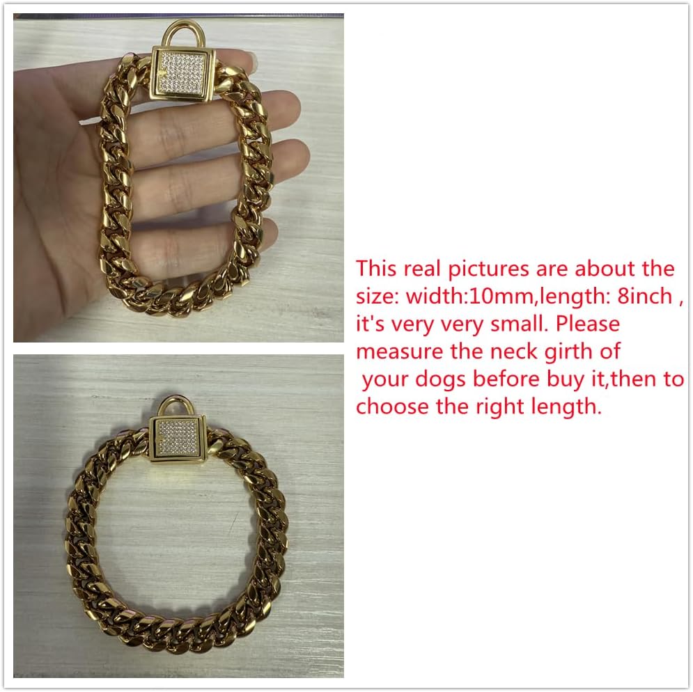 Gold Dog Chain Collar 10mm Wide Cuban Link Puppy Collar 316L Stainless Steel with CZ Diamond Lock Bling Collar for Small Dogs(10mm Gold,8inch)