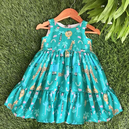 Image of Stanwells Kids Baby Girls Off-White Animal Print Cotton Rayon Knee-Length Frock | Sleeveless Summer Dress with Lion Print & Flared Back Zipper (6 Months-7 Years)