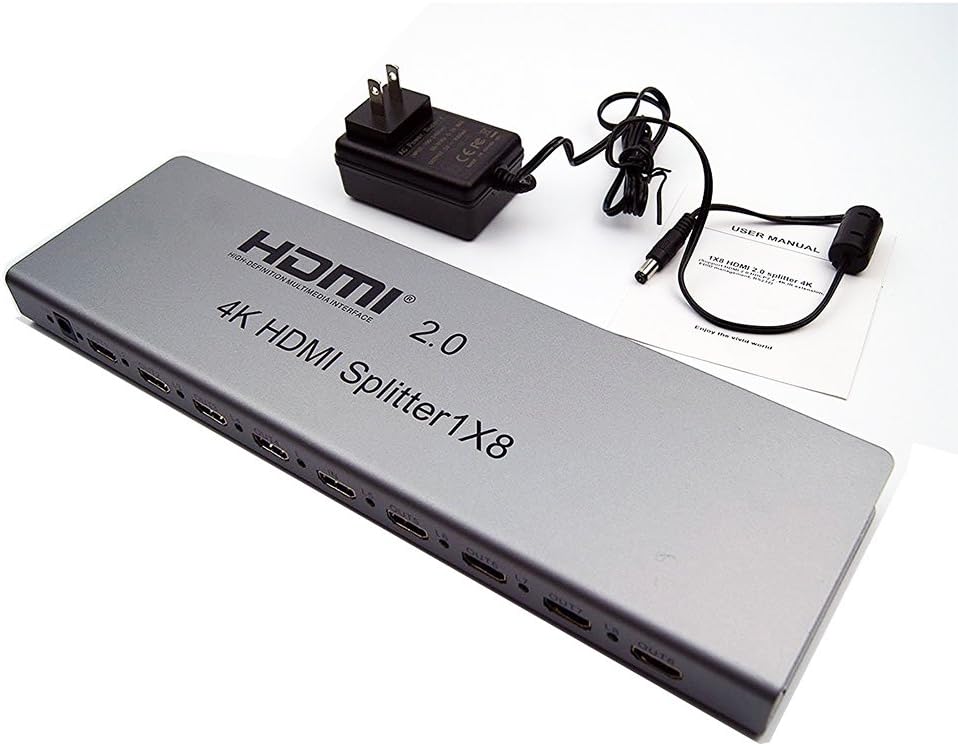 YINGLUN 3D HDMI Splitter V2.0 1 In 8 Out Full Ultra HD 4K/2K 3D Resolutions with IR Extension EDID Management RS232 for Monitors Projectors DVD Player A/V Receiver Set Top Box etc