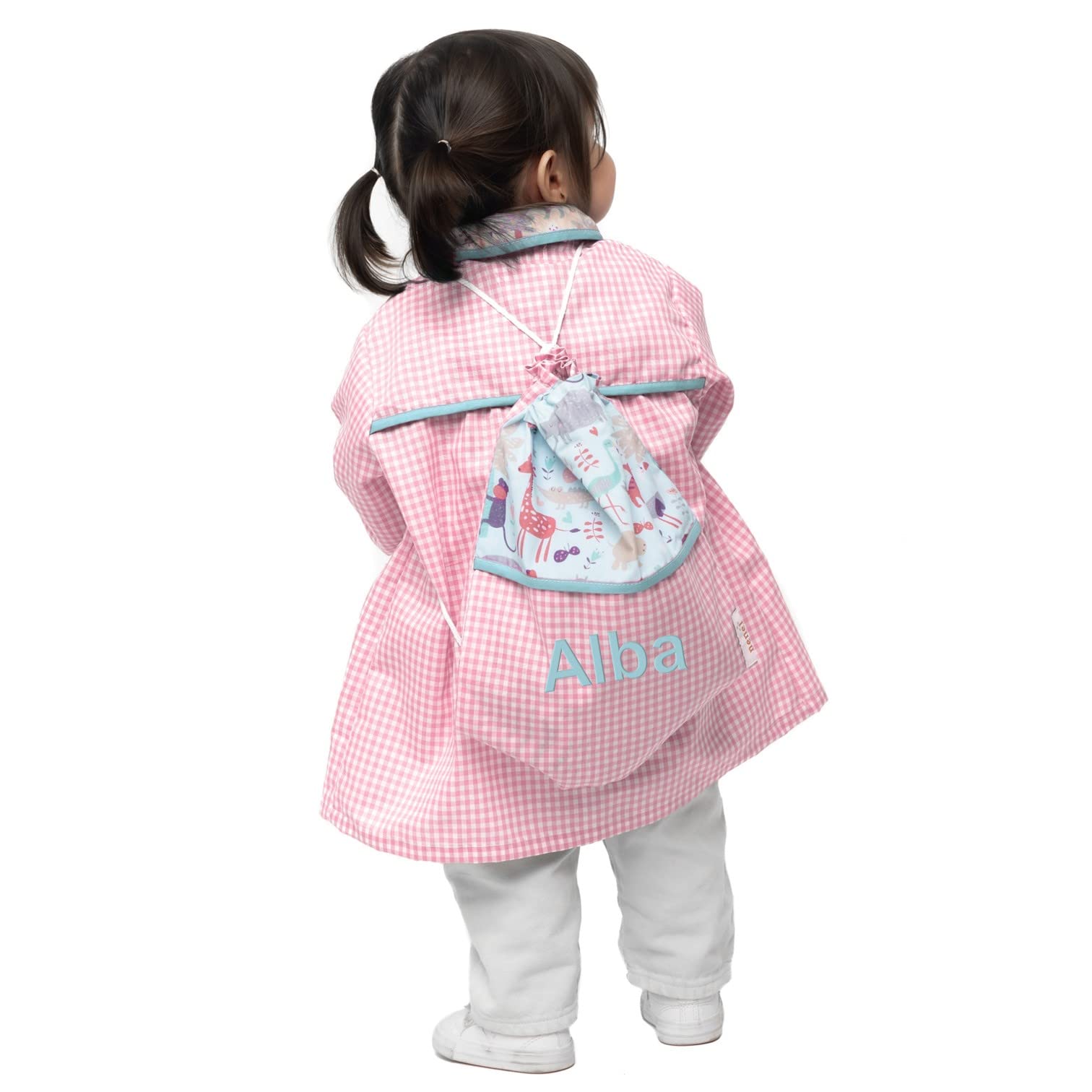 Nenel Conjunto Escolar para Colegio o guardería: Mandilón, babi o Bata Escolar + Bolsa merienda Bordado con el Nombre. Modelo Cute Animals