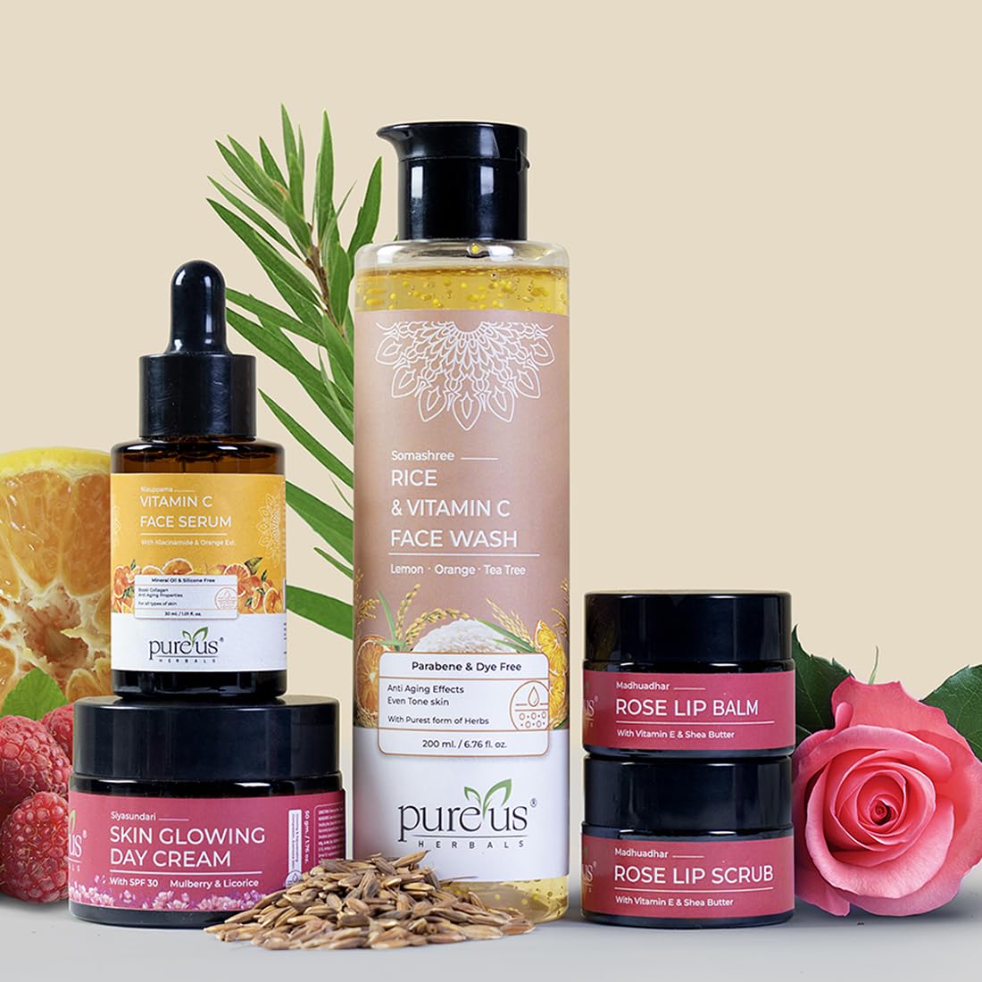 Pureus Herbals Skin Glowing Vitamin C Combo Kit For Glowing Skin & Anti Aging Fairness | Day Cream (Spf 25), Vitamin C Face Serum, & Vitamin C Face Wash + Rose Lip Balm (300 Gm)