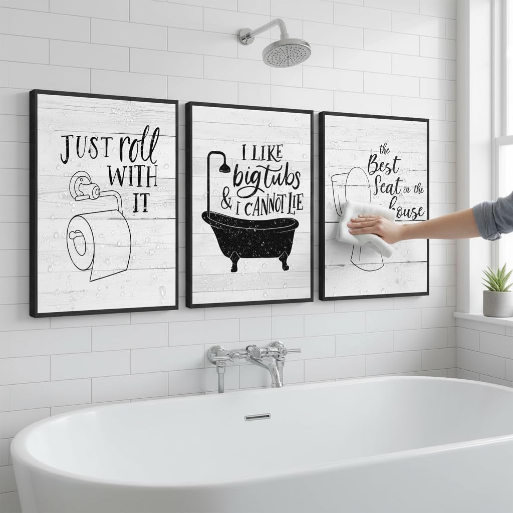 3Pcs Funny Bathroom Quotes Wall Art Black White Toilet Paper Bathtub Posters Prints Minimalism Washroom Painting Pictures Wall Decor 16x24in Unframed