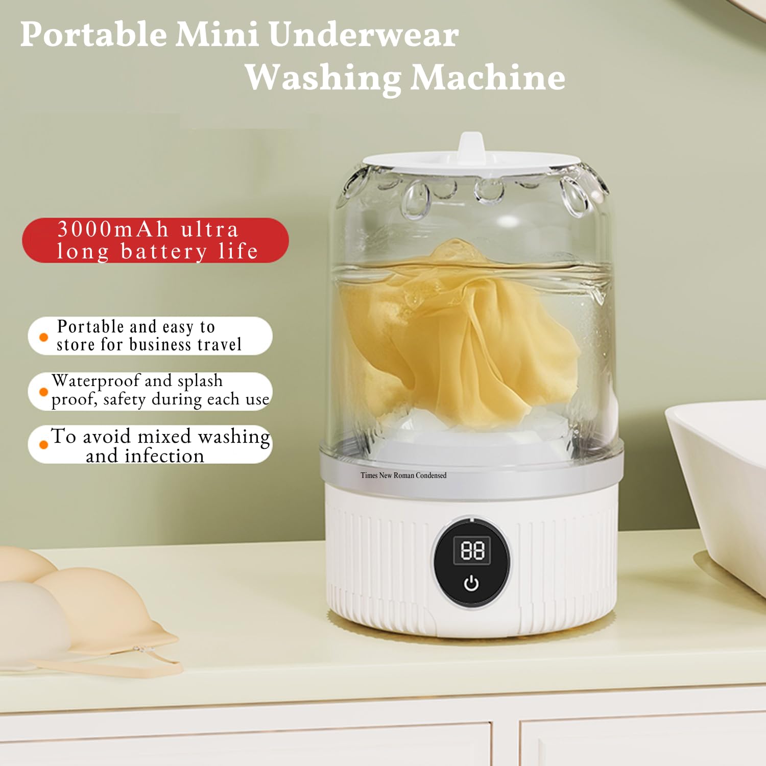 Mini lavadora portátil para ropa interior, calcetines, ropa de bebé, lavadora compacta inalámbrica recargable para pequeñas cargas, viajes y uso en el dormitorio, máquina de lavandería con carga USB 2