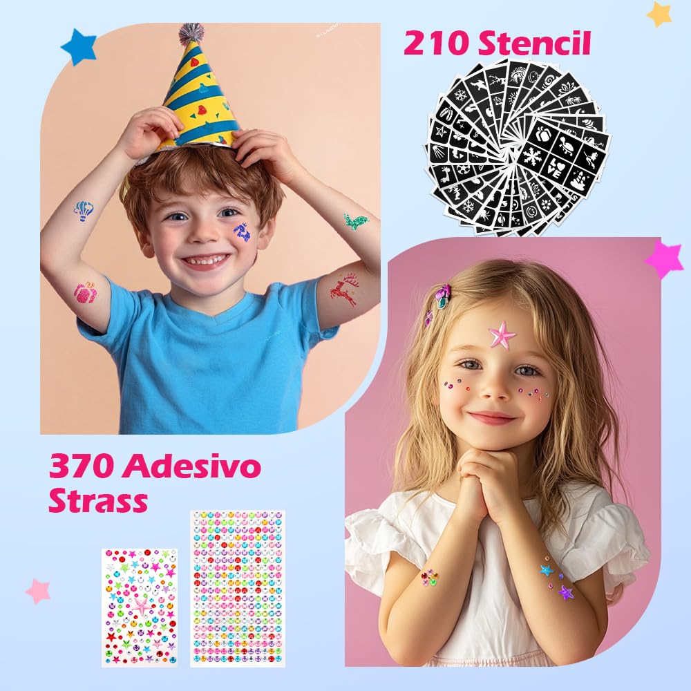 Bledras Set Tatuaggi Glitter Bambini, 42 Colori Temporary Glitter Tattoo, 210 Stencil, 5 Pennelli, 3 Colla, Tatuaggio Impermeabile Kit, Regali per Ragazzi e Ragazze per Carnevale, Compleanno