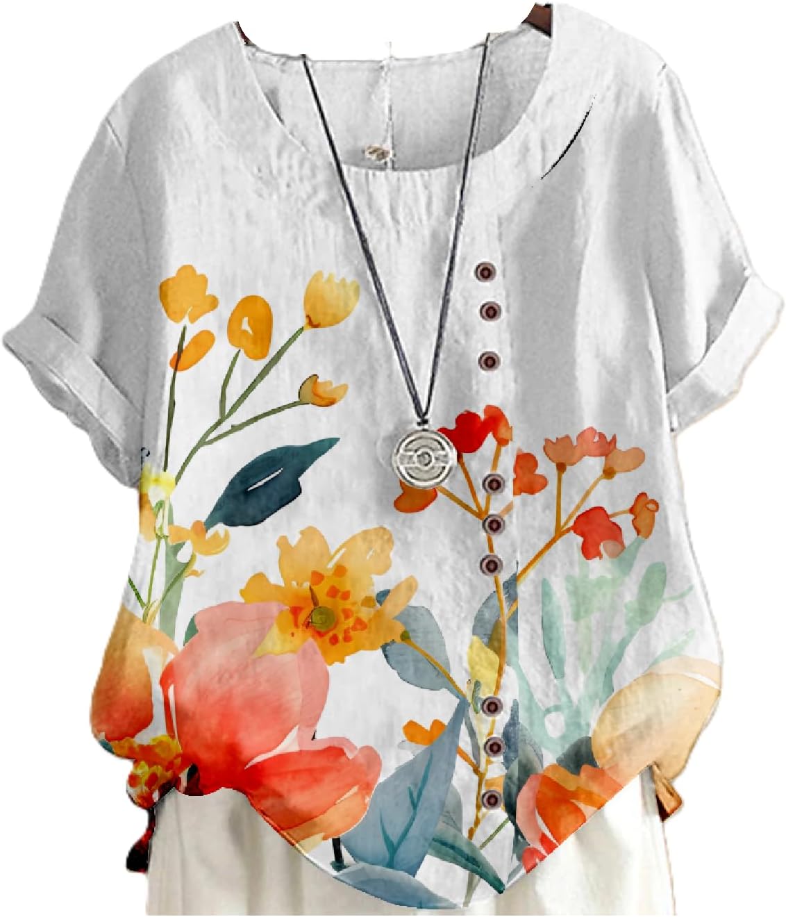 Summer Tops for Women 2024 Flower Print Cotton Linen Short Sleeve Crew Neck Casual Fashio Shirts