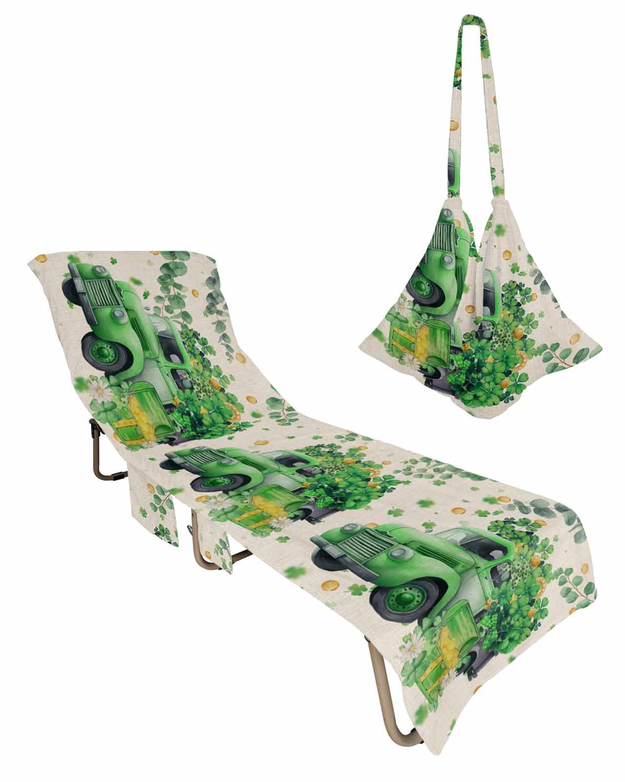 St. Patrick's Day Beach Lounge Chair Towel Cover, Soft Chaise Lounge Towel with Side Pockets Patio Pool Chairs Cover for Beach/Pool Sunbathing 29x85 Rustic Green Clovers Truck Eucalyptus Leaves