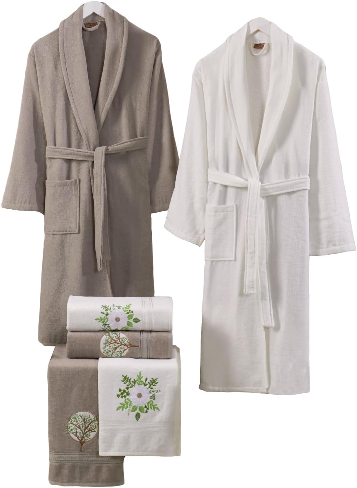 My VITA 6-Piece Premium Turkish Velour Cotton Couple/Family Bathrobe Set Bridal Shower/Wedding Gift Set with Bath Towels & Hand Towels comes in an Attractive Gift Box (Brown-Ivory)