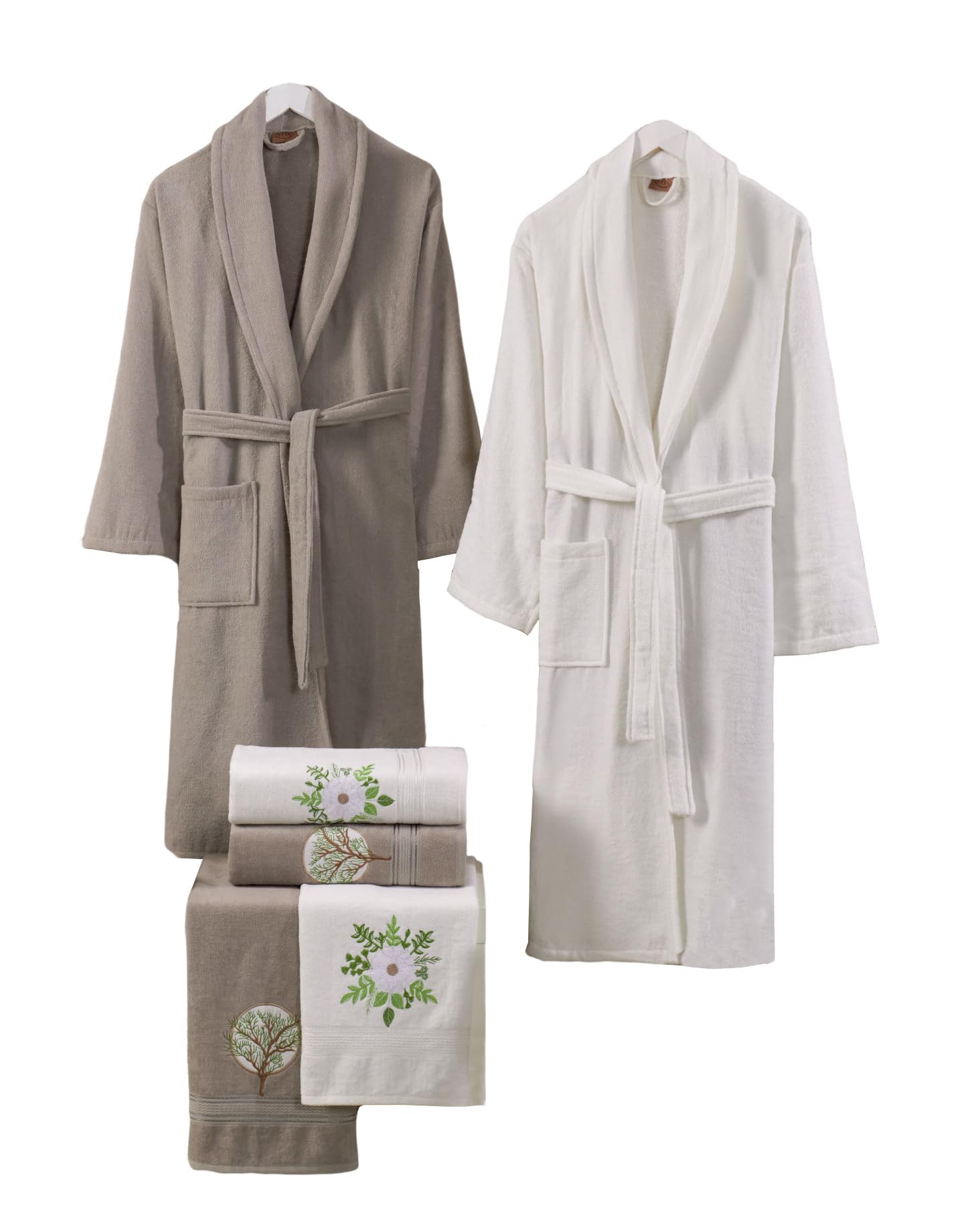 My VITA 6-Piece Premium Turkish Velour Cotton Couple/Family Bathrobe Set Bridal Shower/Wedding Gift Set with Bath Towels & Hand Towels comes in an Attractive Gift Box (Brown-Ivory)