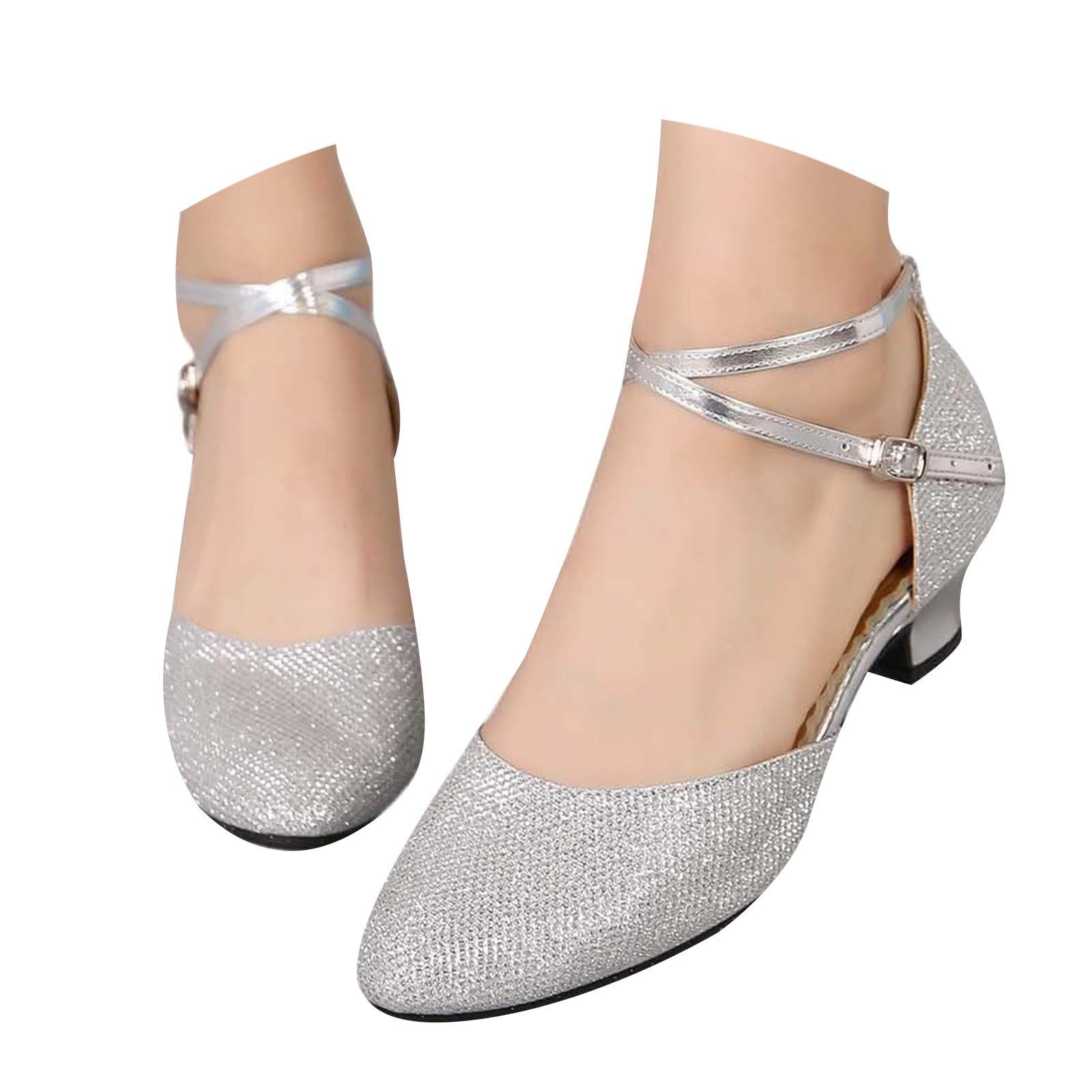 Scarpe da ballo da donna, eleganti, con glitter, comode scarpe da sposa con tacco | Scarpe con tacco a blocco con cinturino, scarpe con tacco spesso, scarpe larghe da matrimonio, scarpe da sera per feste