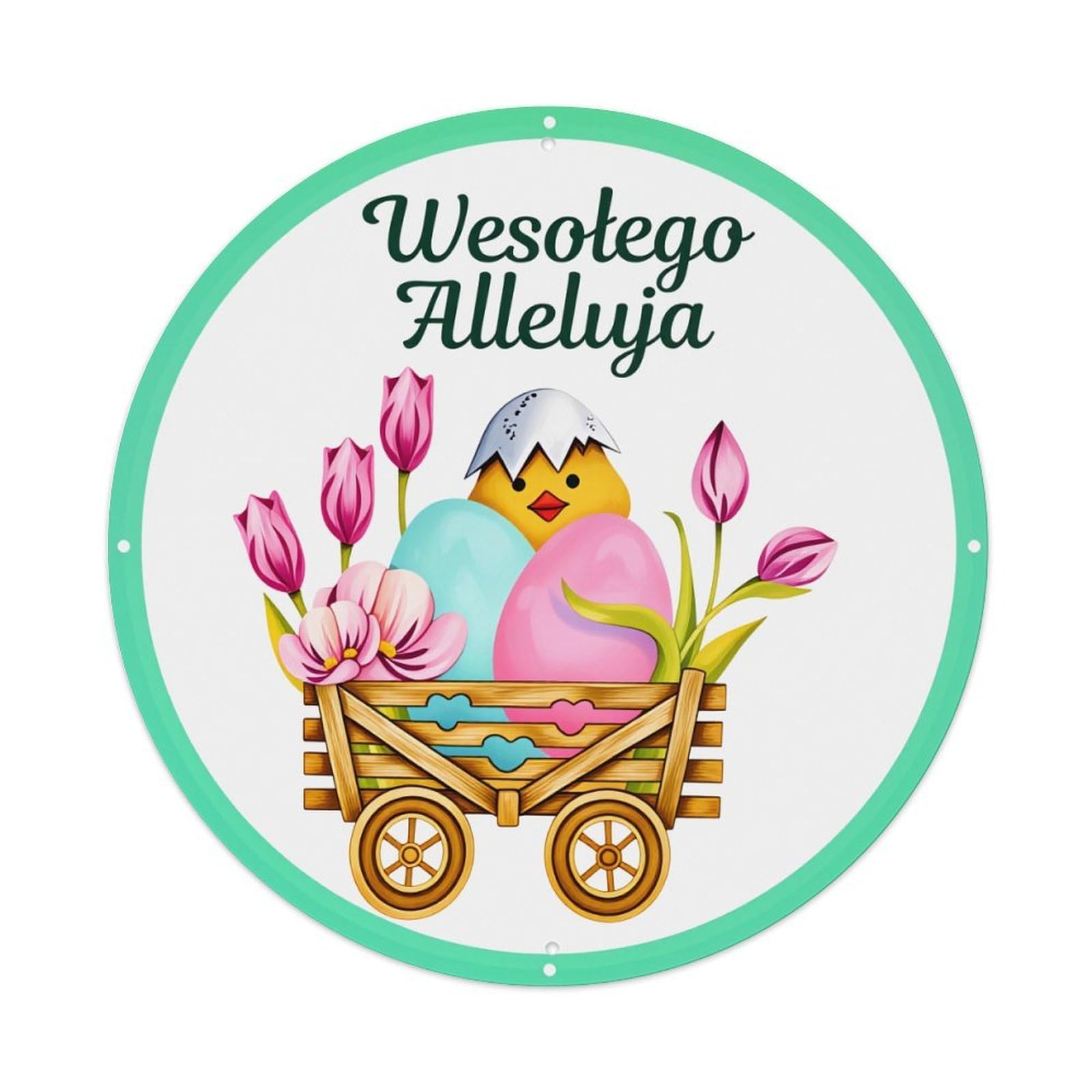 Easter Chick Eggs Flowers Cart Round Tin Sign Vintage Style Metal Sign Home Bar Garden Wall Plaque Decor Metal Poster 8x8 Inch