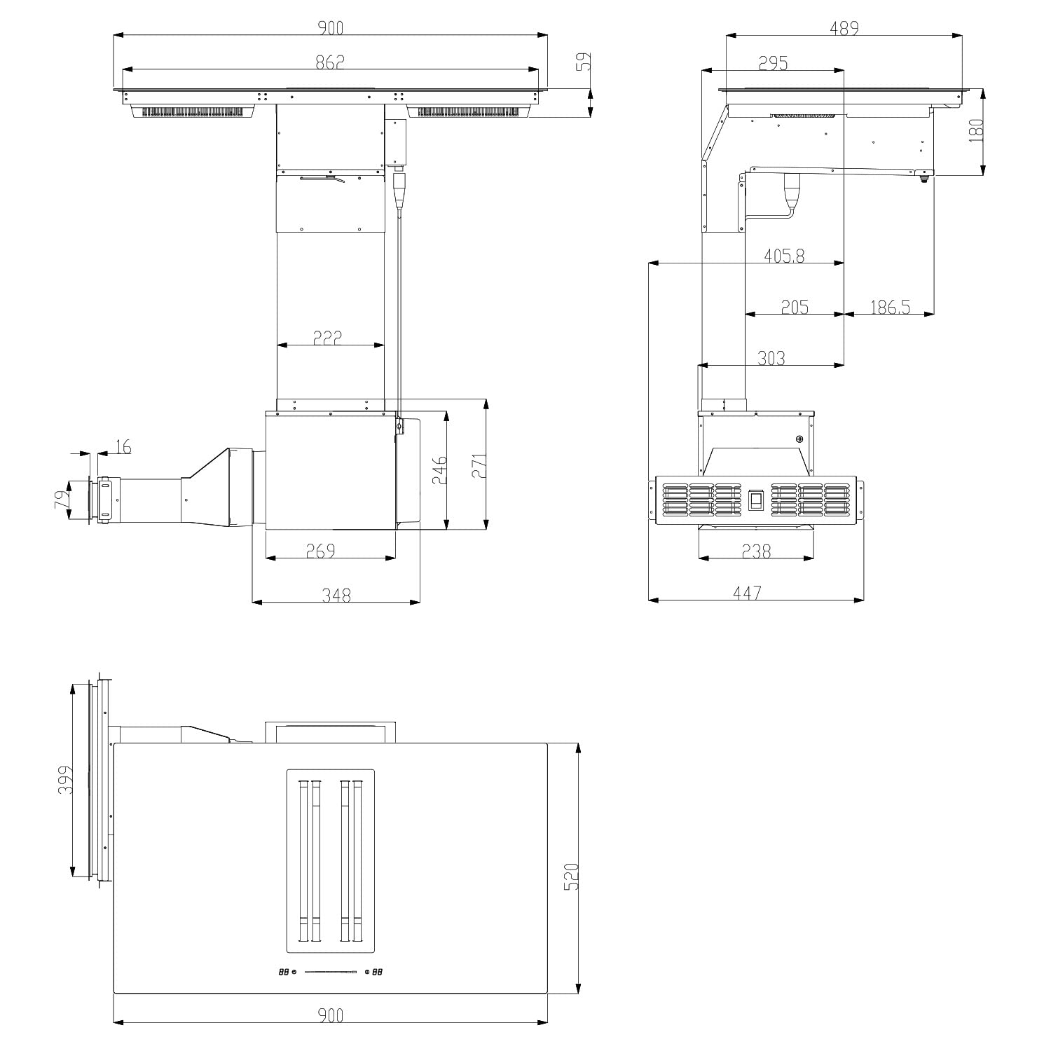 Klarstein Full House - Placa de inducción con extractor de humos integrado, 4 fogones, Conservación del calor, Extracción de 271 m³/h, Temporizador, Mecanismo de bloqueo, Táctil, 90 cm, Negro