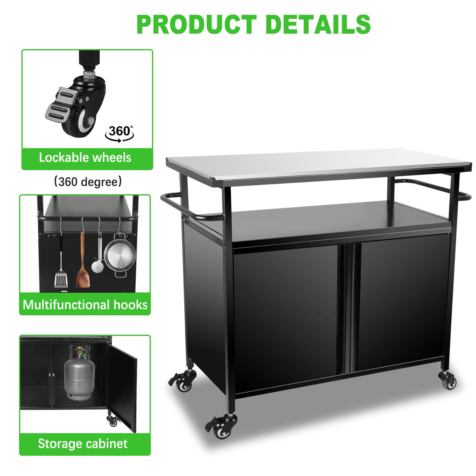 Table De Barbecue Avec Roulettes Pliable - Plan De Travail 110x43 Cm, étagères, Support Outils - Acier Résistant à 540°C - Mobile Terrasse Jardin