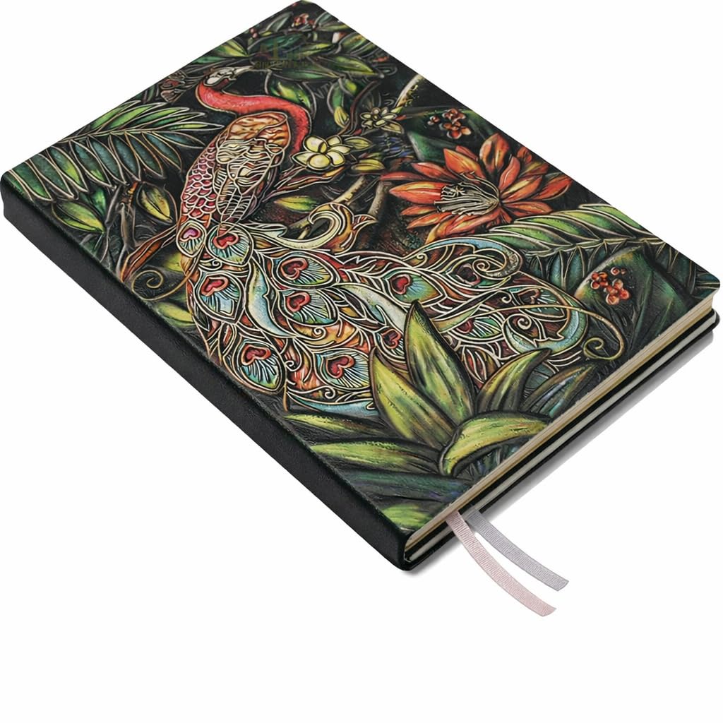 Parshya A5 Embossed Leather Diary with Peacock Design | 200 Pages Ruled Acid-Free Paper | Handmade Hardcover Journal with Ribbon Bookmark | Gift for Men & Women