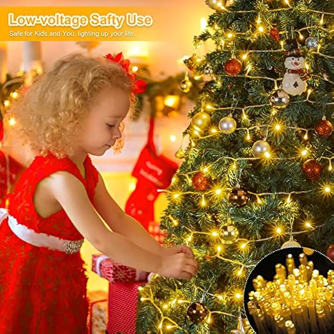 YOUNGAR String Lights, 98FT 200 LED Indoor Outdoor Twinkle Lights, 8 Modes Warm White Christmas Lights, 30V UL Certified Plug-in for Home, Garden, Wedding, Party, Holiday Decoration