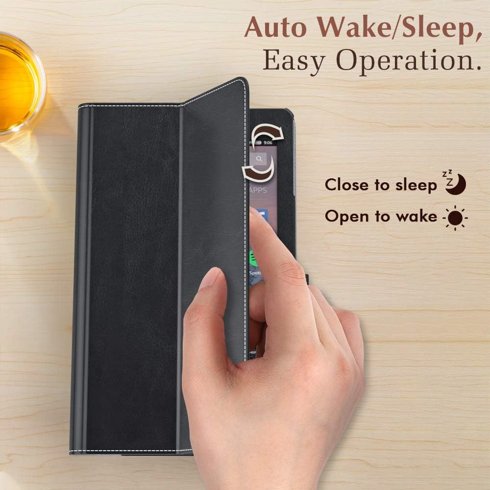 Dadanism Case Fits All New Amazon Kindle Fire 7 2019 Tablet (9th Generation, 2019 Release Only), Premium PU Leather Lightweight Slim Stand Cover with Hand Strap and Card Slot, Auto Wake/Sleep – Black