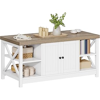 DWVO Coffee Table Rectangle Coffee Table with Storage, Farmhouse Coffee Tables for Living Room 2-Tier with Cabinet, Adjustable Shelf Modern Coffee Table Space Saving Small Tables, Grey Wash