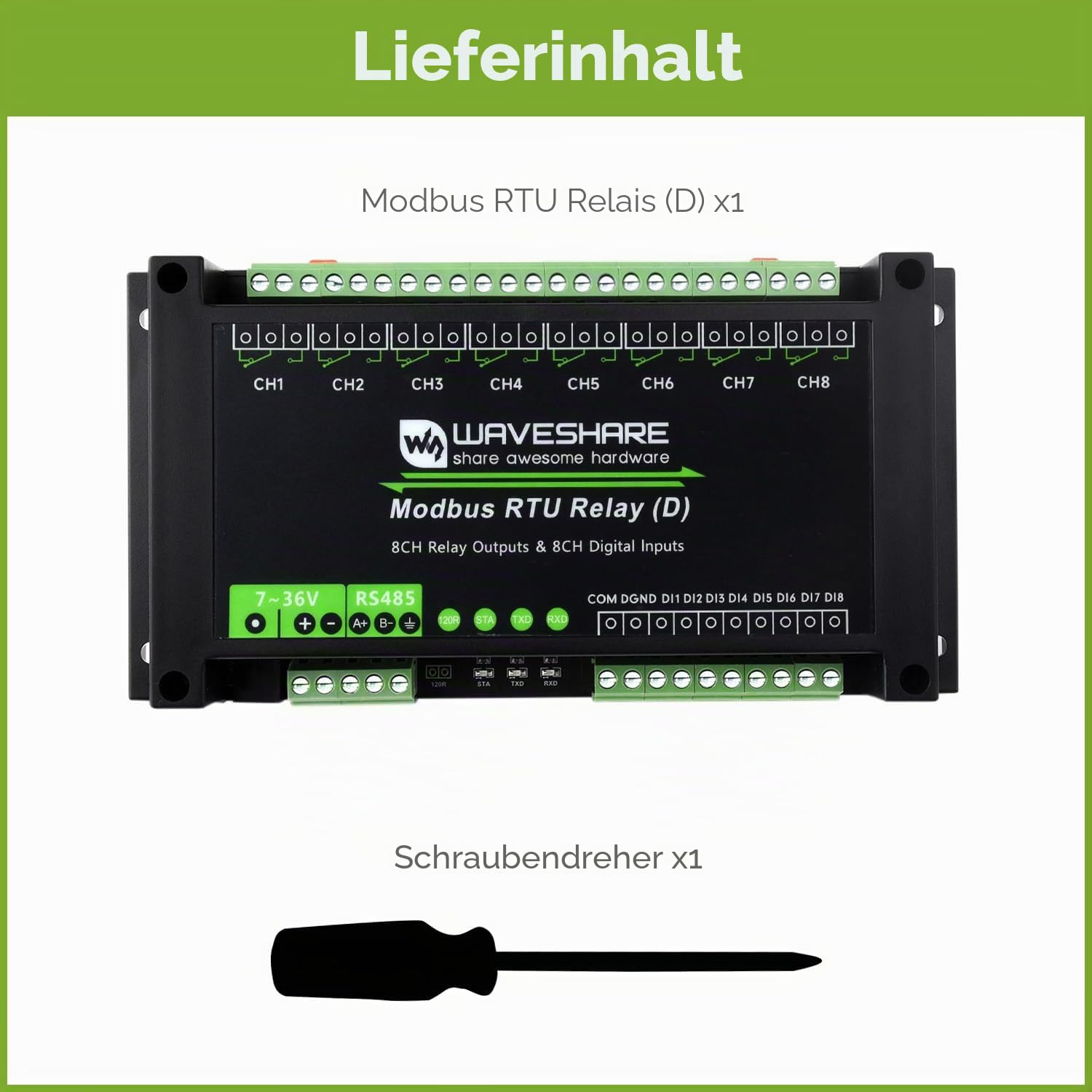 Waveshare Industrial Modbus RTU 8-Ch Relay Module (D) With Digital Input And RS485 Interface, Multi Isolation Protection Circuits, 7~36V Power Supply