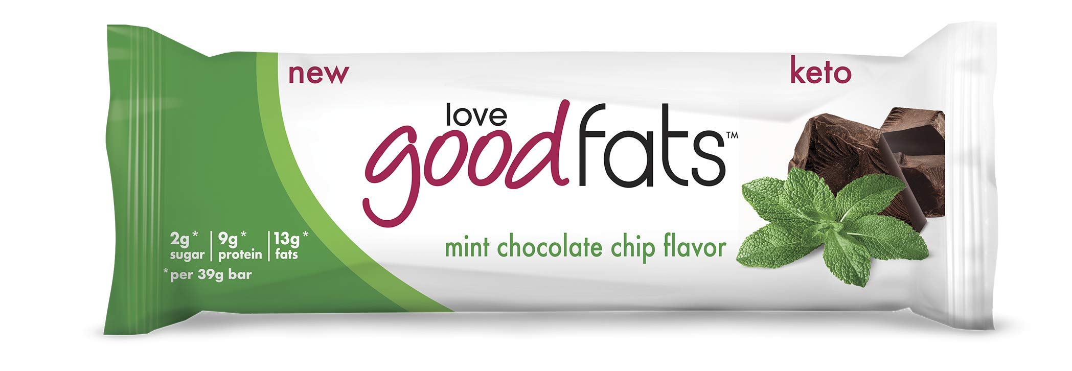 Love Good Fats - Mint Chocolate Chip - High Fat Keto Snacks Keto - Low Carb Keto Bars Perfect for Keto Diets - Gluten Free & Non GMO -  4 Bars
