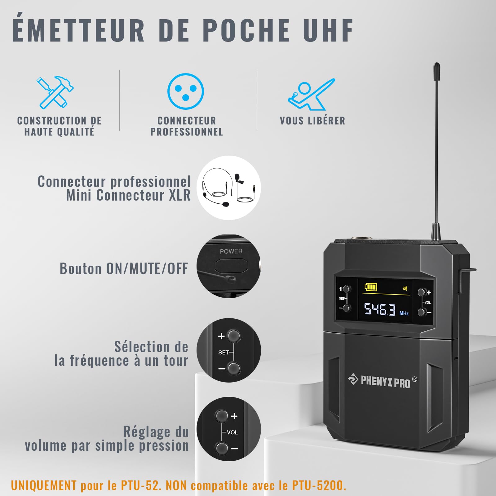 Phenyx Pro Système de Microphone sans Fil UHF avec 2x30 fréquences, Ensemble de micros sans Fil en métal, 2 Packs de Corps et Casques/Microphones à Revers pour Karaoke, Chant, église, DJ (PTU-52-2B)