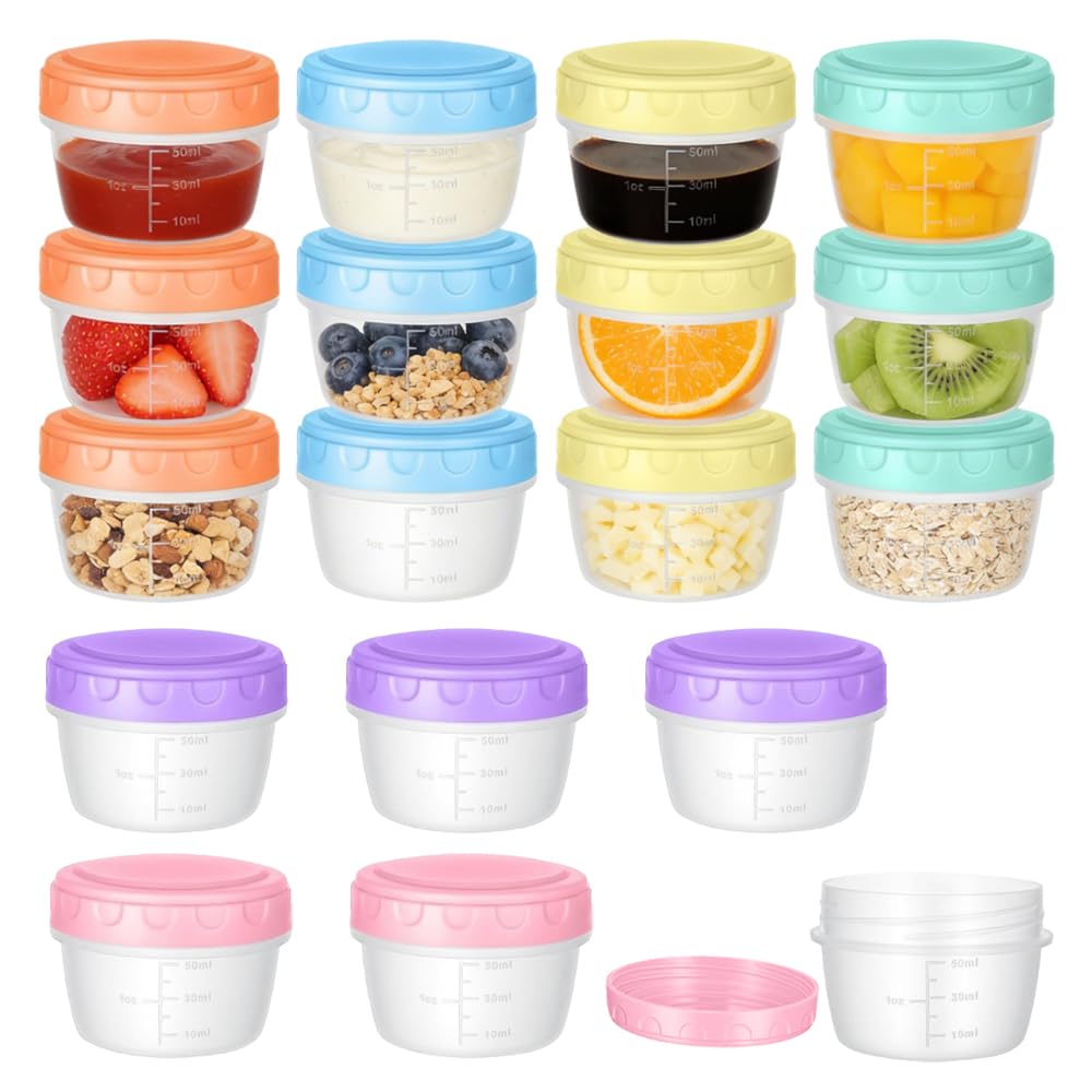 SKIKHN 18 Pack Salad Dressing Container to Go, 80ml 2.71 OZ Salad Dressing Pots, Mini Snack Pots with Graduated, Reusable Leakproof Sauce Containers, for Takeaway, Yogurt, Dips, Soup, Salad (6 colors)