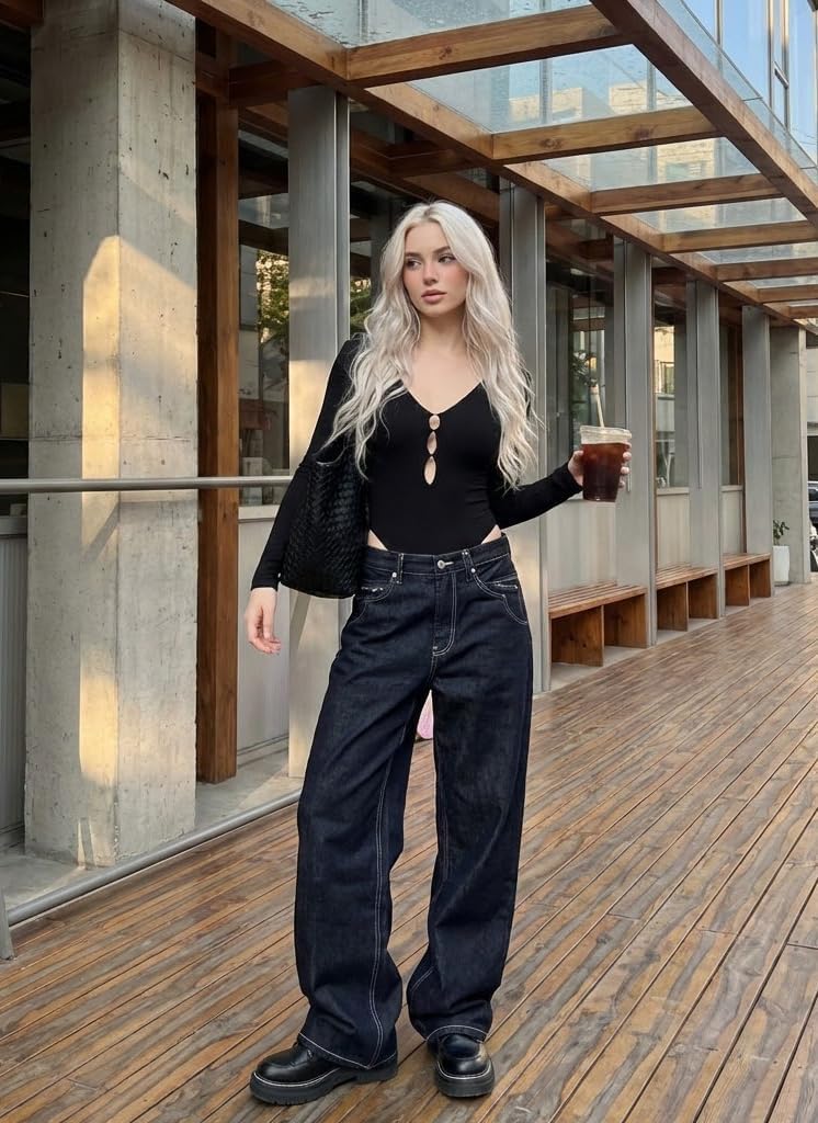 Women Deep V Neck Long Sleeve Bodysuit with Cutout Going Out Bodysuit Casual Stretchy Basic Bodysuit Tops - Image 2