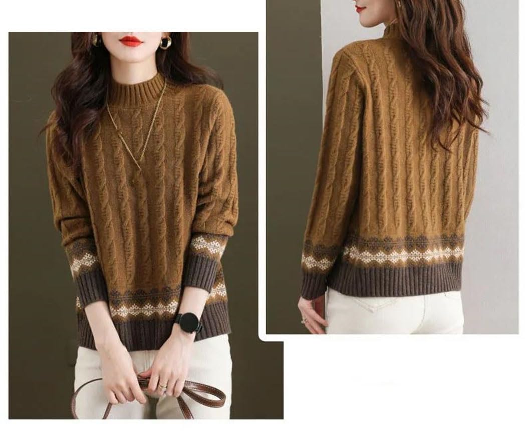 Sweter Damski Z Dzianiny, Pół-Wysoki Kołnierz, Wzór W Romby, Długi Rękaw, Swobodny, Ciepły, Luźny Top-Beige-Medium