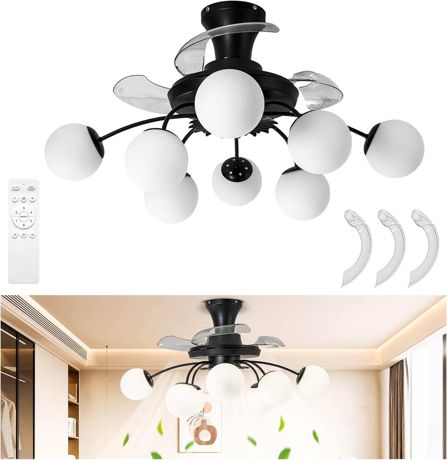 8-Light Mid Century Ceiling Fan with Lights Black and White Glass Bubble Fandelier with 3 Retractable Bladeless and Remote Blossom Chandelier Low Profile 6 Speeds for Bedroom Living Room