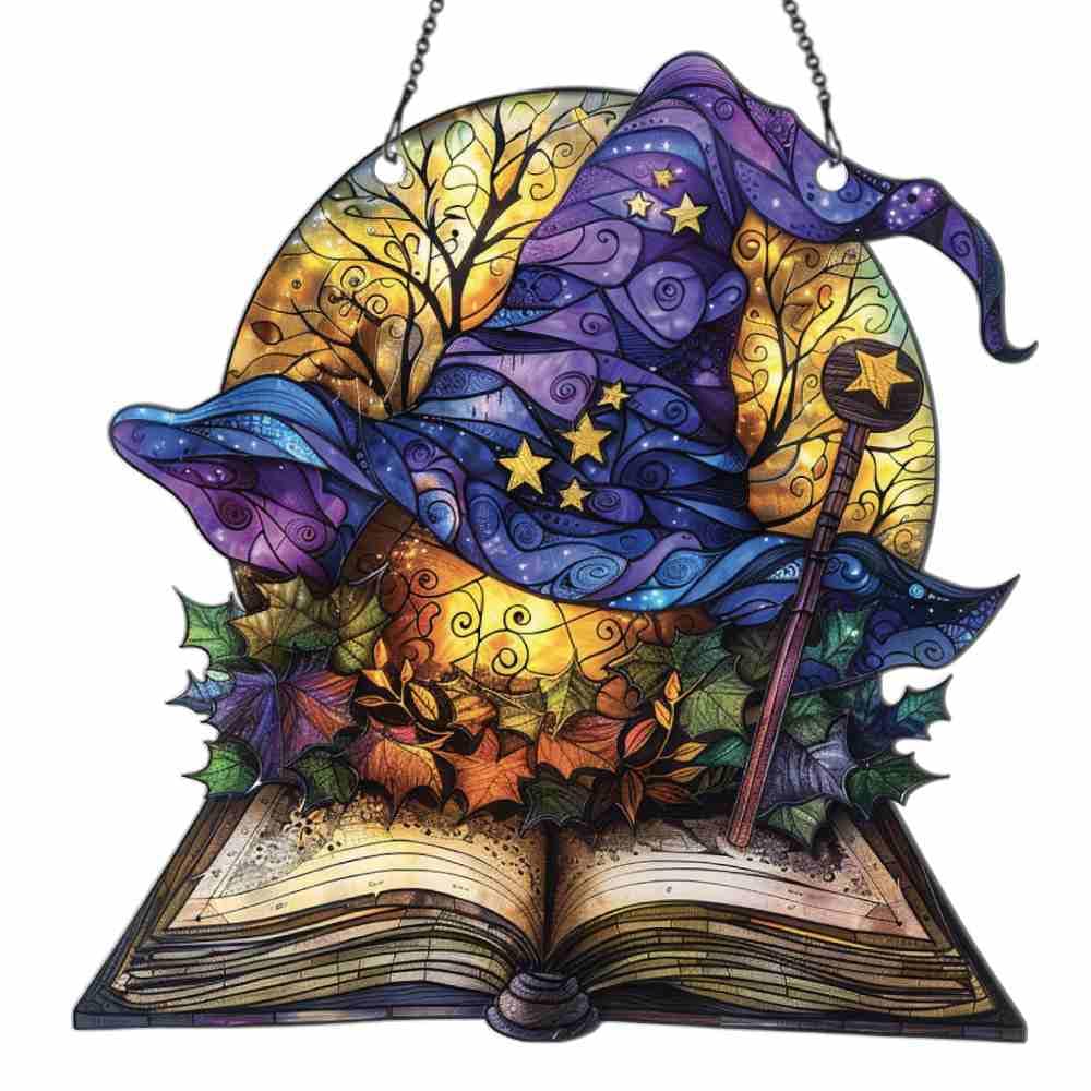 Widoteo Witch Hat and Chopstick Halloween Ornament, Acrylic Window Hanging, Gift for Witch Hat Lovers, Halloween Home Wall Hanging Decor