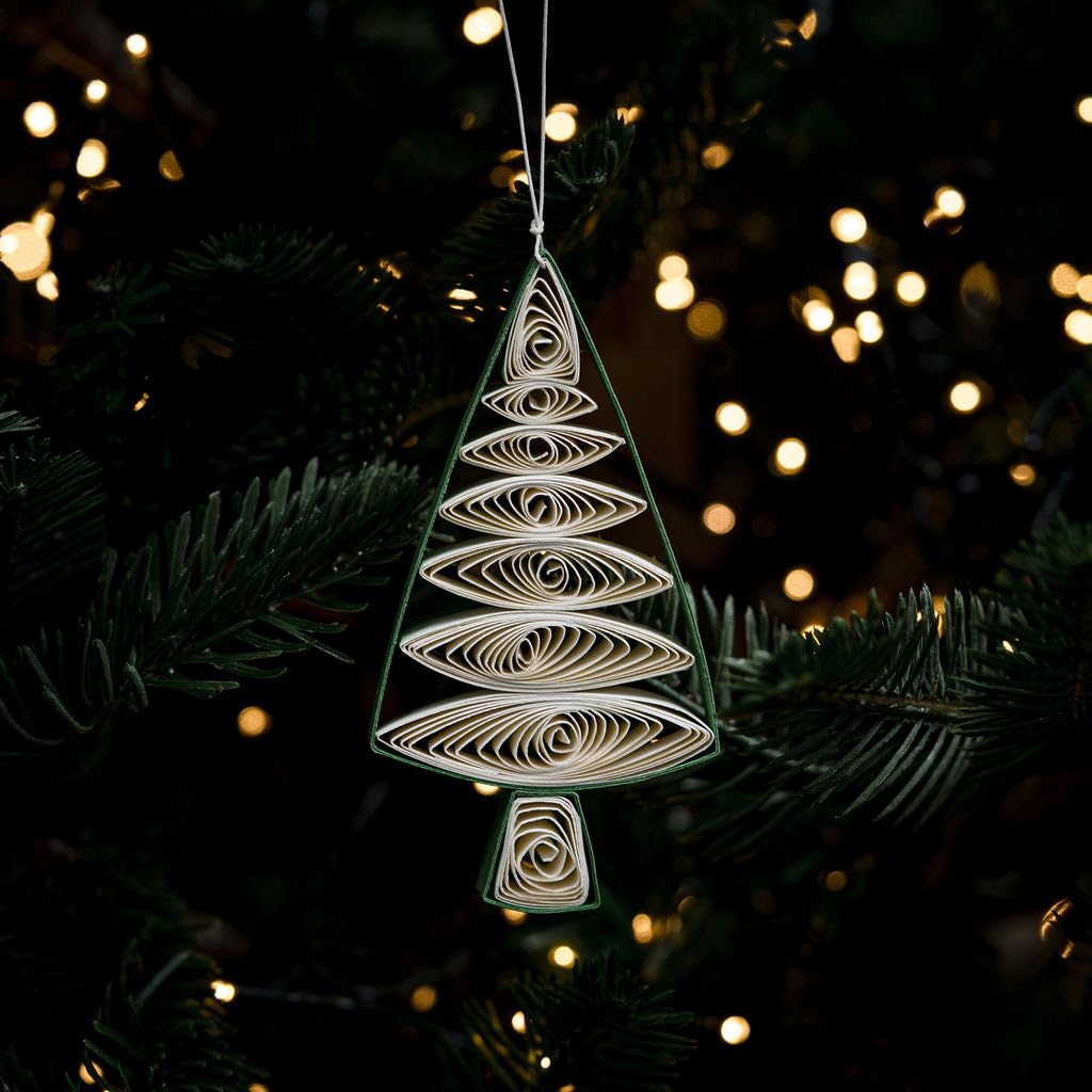 Aurora Christmas White Arthur Cameron – Quilled Green & Christmas Tree Hanging Decoration – Handmade Paper Quilling Holiday Ornament