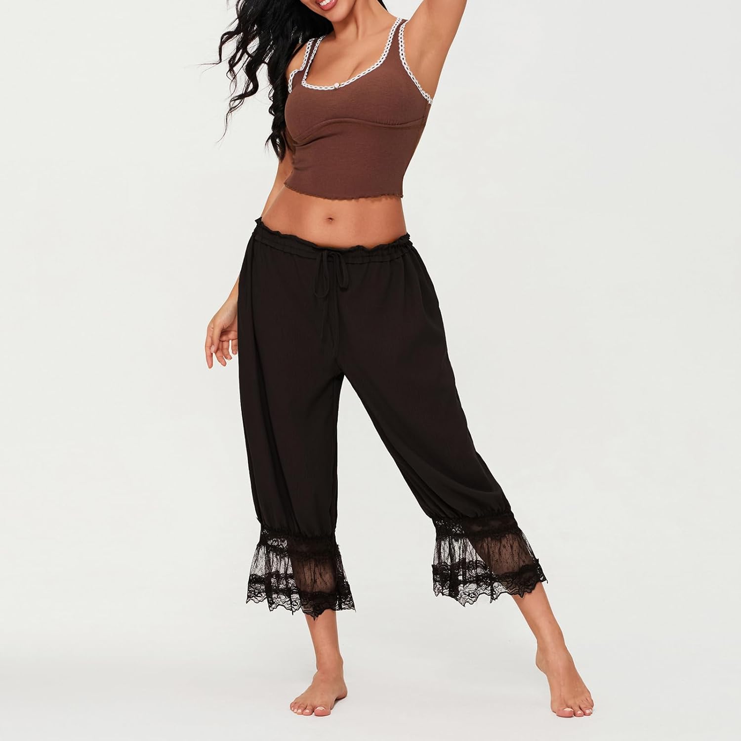 Women Lace Trim Long Bloomers Y2k Elastic Mid Rise Floral Ruffle Pantaloons Flared Slips Pants Pajama Bottoms - Image 6