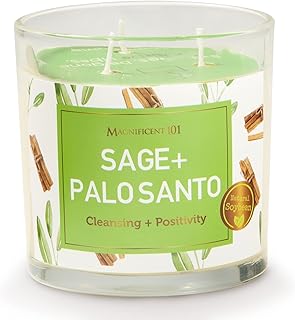 Magnificent 101 Sage & Palo Santo Energy Cleansing Candle in 14-oz. Glass Holder: 100% Natural Soy Wax & Essential Oils fo...