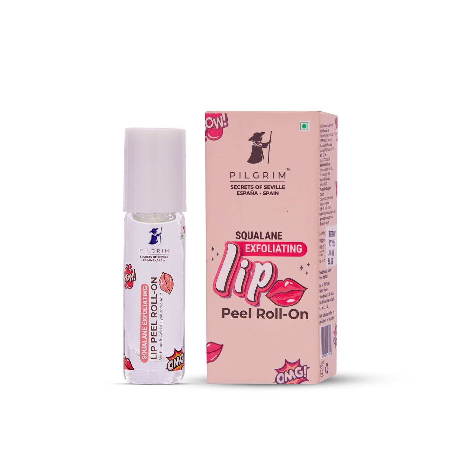 Spanish Squalane Lip Peel Roll-on with lactic Acid & hyaluronic Acid Squalane exfoliating Lip Peel for Soft & Glossy Lips Hydrating Dry & Flaky Lips Women & Men's 6 ml (Transparent)