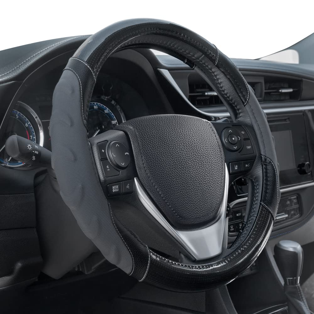 Motor Trend GripPlus Black Carbon Fiber Steering Wheel Cover, Standard 15 inch Size, Advanced Traction Grip, Car Steering Wheel Cover for Truck Van SUV Auto