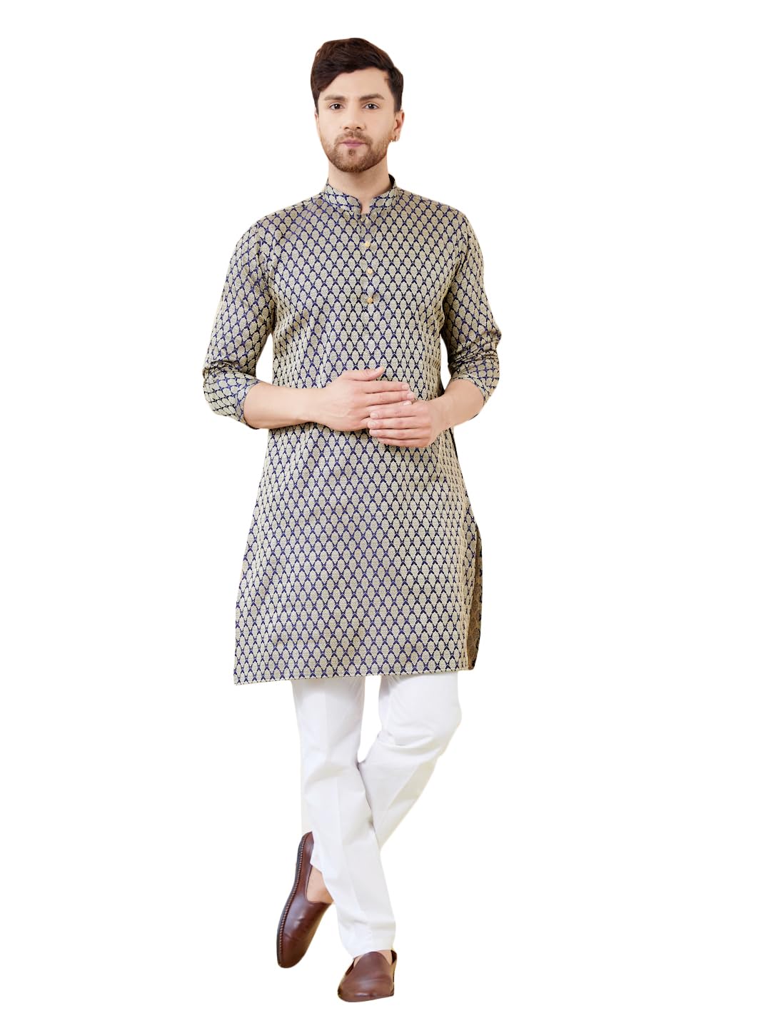 See Designs Men Long Sleeve Side Slit Mandarin Collar Navy Blue Ethnic Motifs Silk Jacquard Woven Design Straight Kurta - Bnrskt722M