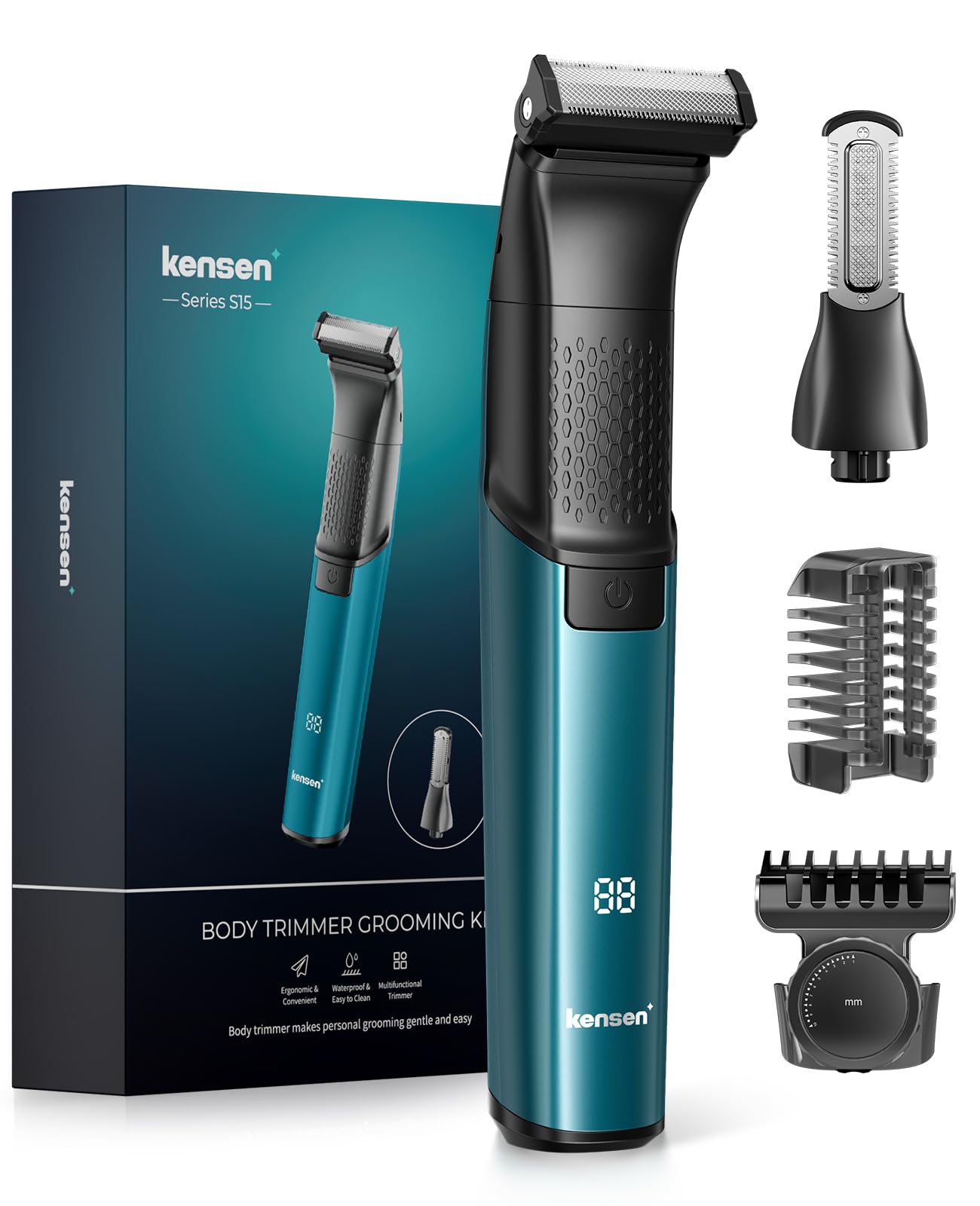 Afeitadora Corporal Masculina 2 en 1, Kensen IPX6 Impermeable Depiladora Corporal Hombre para Barba, Axilas, Pecho, Piernas y Genitales con Pantalla LED, Peine Límite Ajustable (1-10 mm), Verde