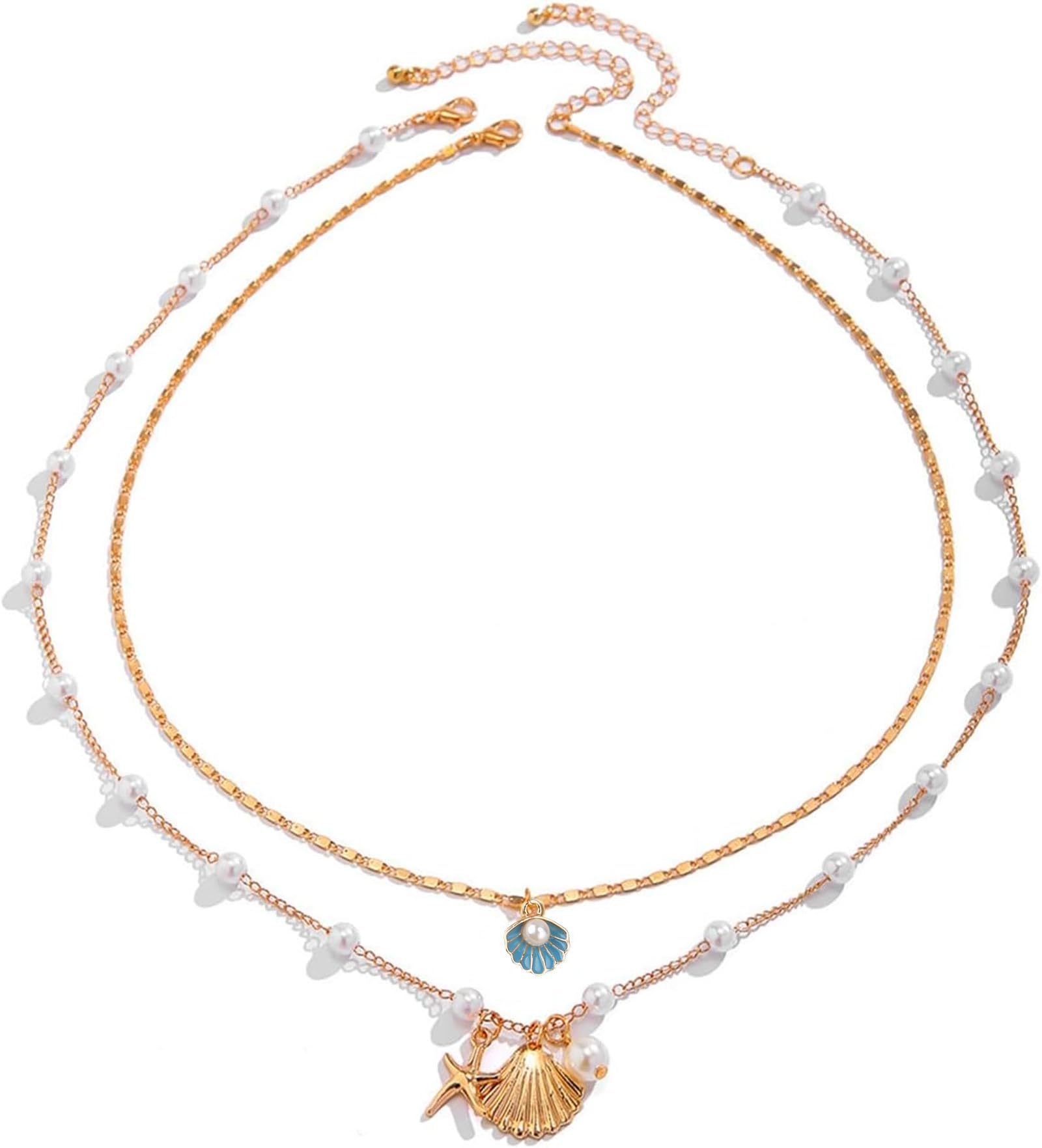 – Ticome Bohemian Starfish Shell Pearl Layered Necklace Set Woman Alloy Summer Beach Surfer Vacation Chain Necklaces Jewelry Ocean Style