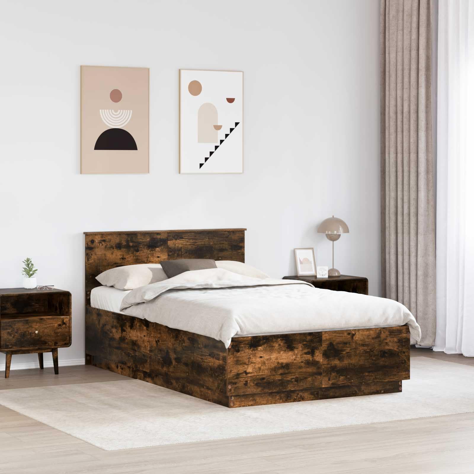 Rama łóżka z materiału drewnopochodnego z wędzonego dębu 120 x 200 cm z regulowanym zagłówkiem, kwadratowymi nogami, trwała, nowoczesna konstrukcja, nadaje się do łóżka podwójnego