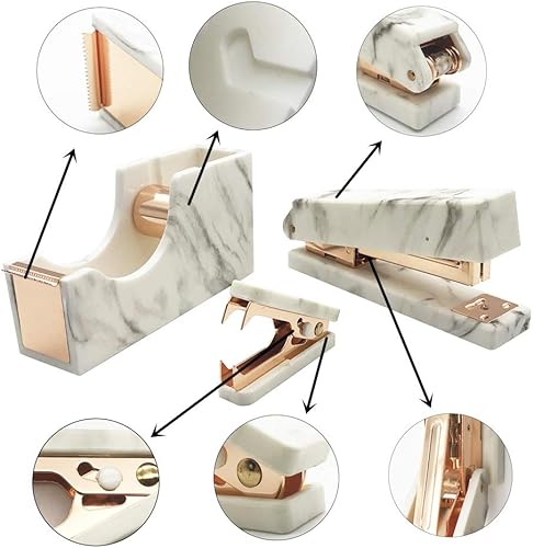 Miniatura 3 de Juego de soporte dispensador de cinta para engrapadora dorada con estampado de mármol, escritorio de oficina, manual ejecutivo, papelería, kit de