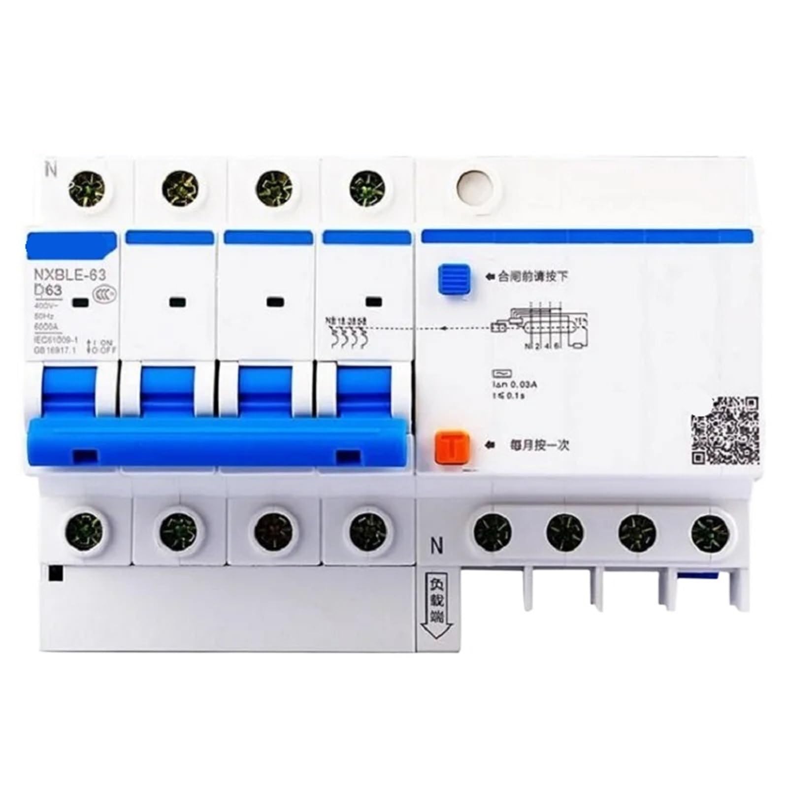 NXBLE-63 RCBO 3P 10A con sensibilidad de 30 mA y frecuencia de 50 Hz