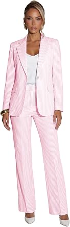 Seersucker Pant Suits for Women Summer Striped One Button Blazer Pants