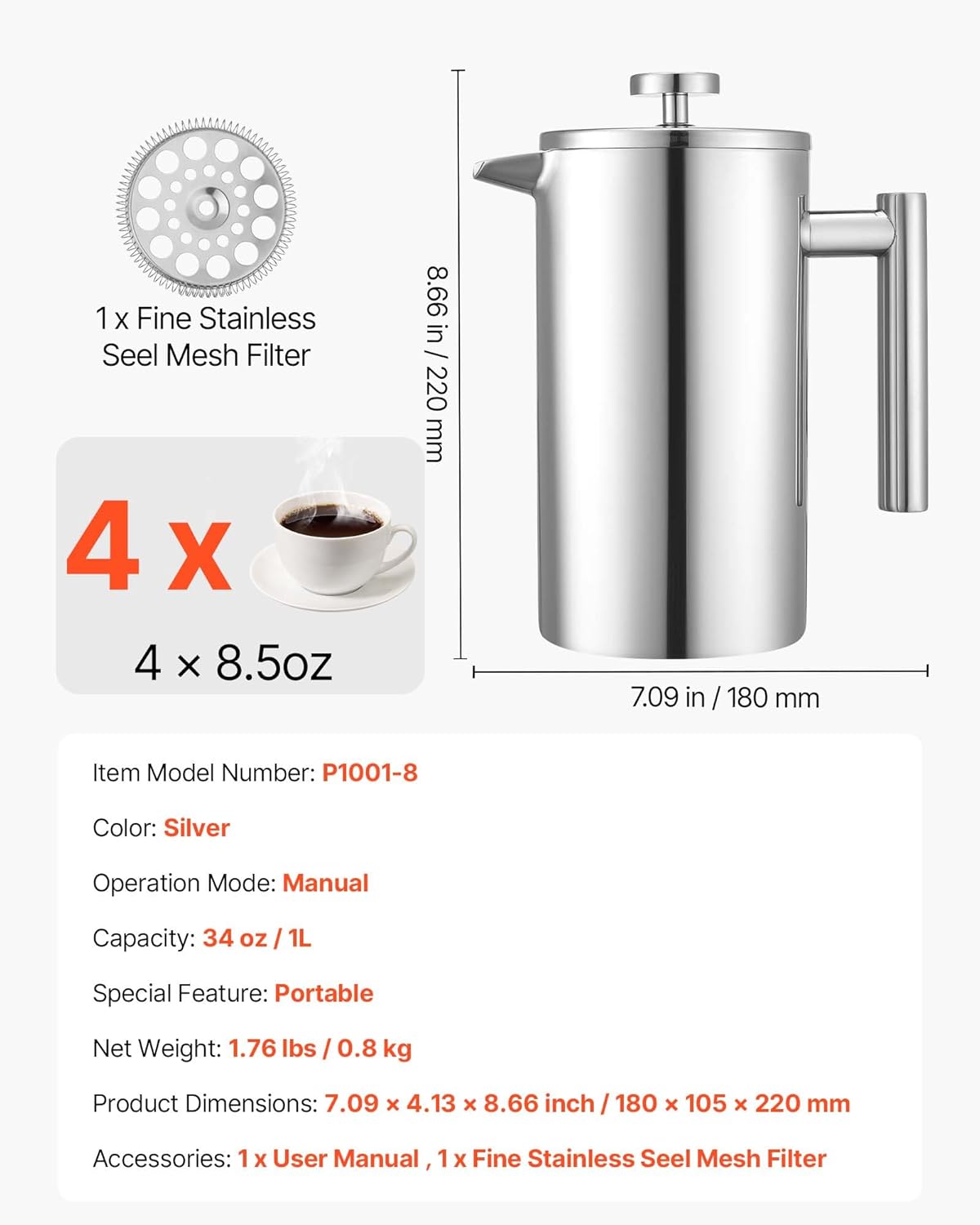 VEVOR French Press Coffee Maker, 34 Ounce 1 Liter Stainless Steel Coffee Press Tea Maker with Filter, Large Double Wall Insulated French Presses Cold Brew for Camping Travel Home Kitchen, Silver