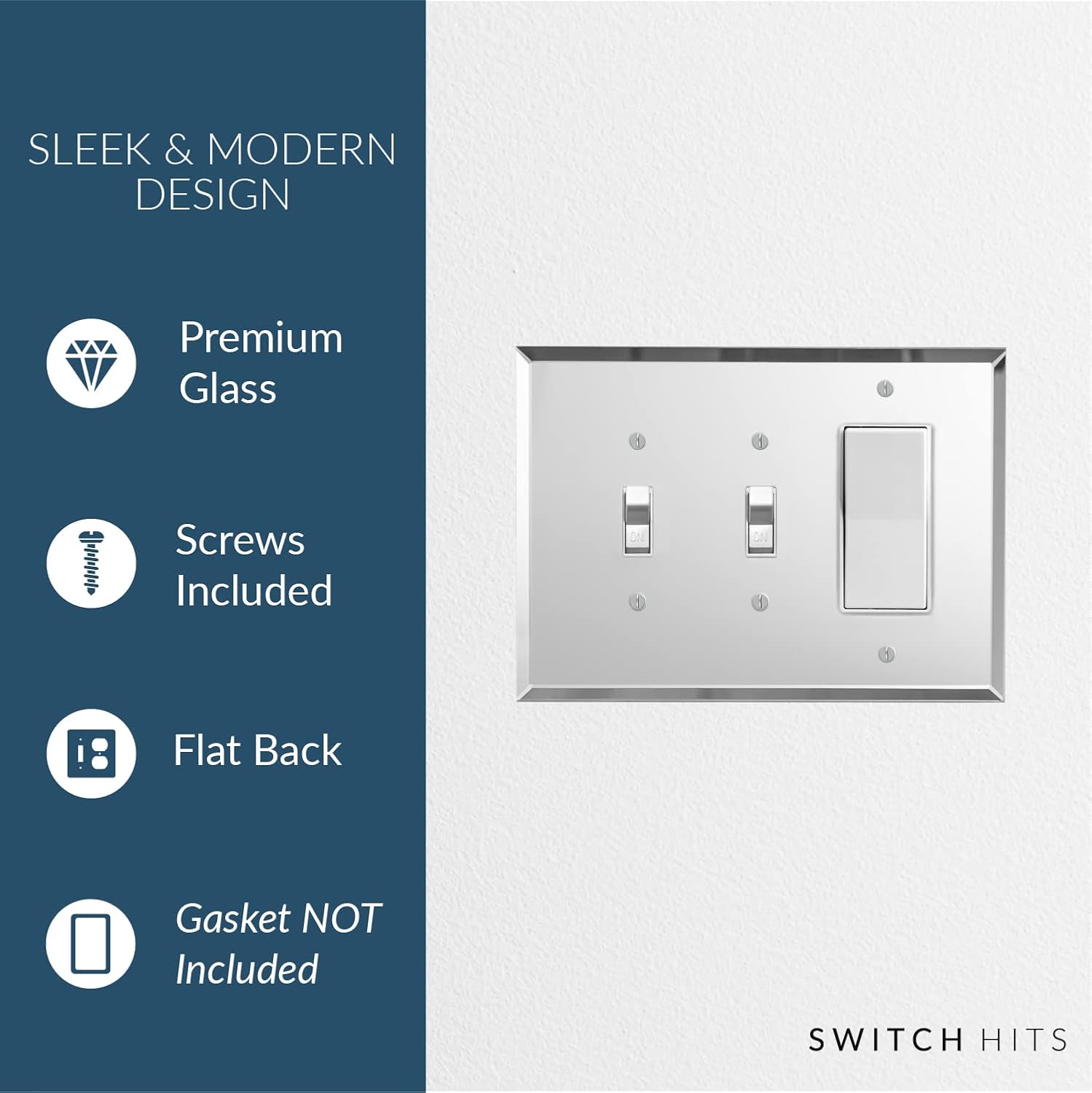 Switch Hits Plain Glass Mirror Outlet Wall Plate | 2 Toggle - GFI Rocker | 7.5" x 5.25" | Professional Quality Glass Mirror Switch Plate Covers For All Configurations