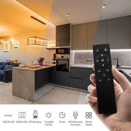 Miniatura 6 de Ustarus COB - Tira de luz LED blanca regulable de 16.4 pies, 24 V, 2700 K-6500 K, cinta de tira de luz COB con control remoto RF 3200 LED CRI93+