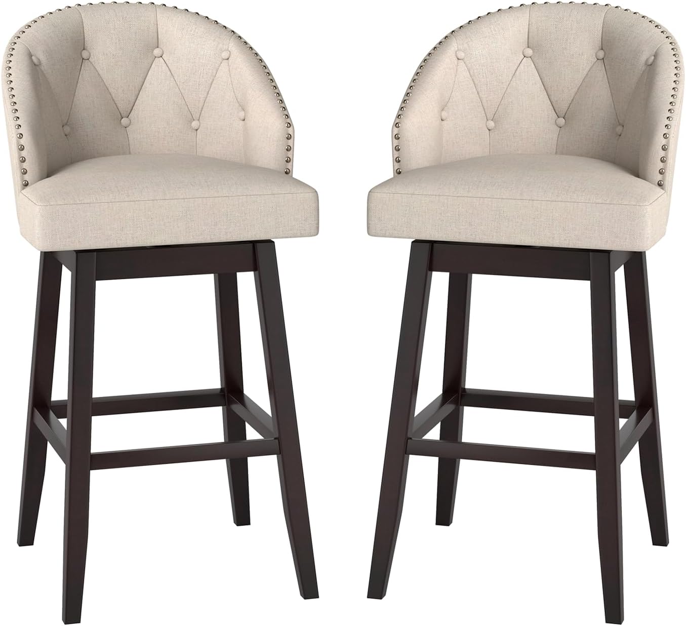 MAT EXPERT Swivel Bar Stools Set of 2, Counter Height Upholstered Bar Stools with Rubber Wood Legs, Button-Tufted Back & Rivet Decoration, Modern Bar Chairs for Kitchen Island, Pub, Bistro (1, Beige)