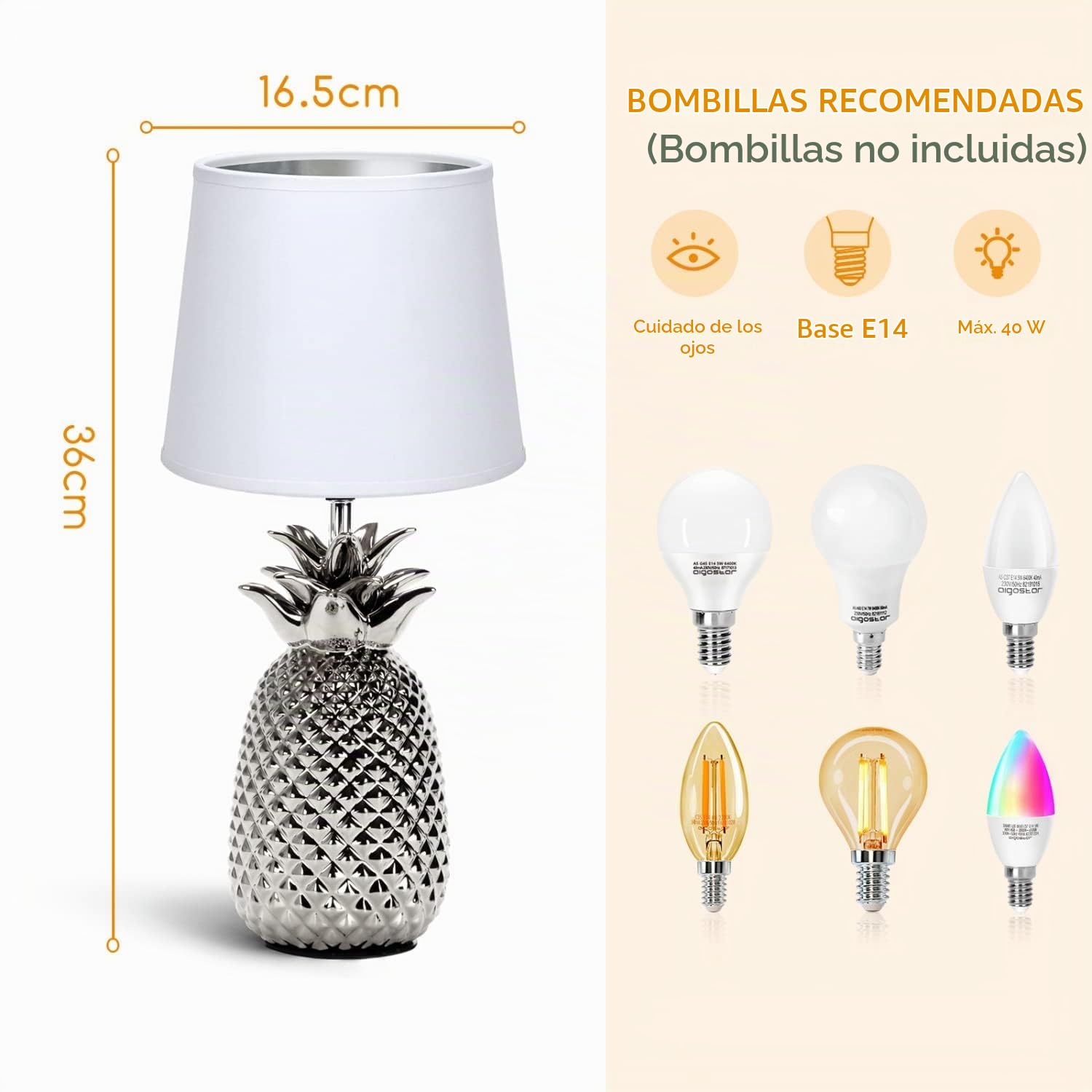 Aigostar 197209 - Lámpara de Cerámica, casquillo E14. Forma de piña, Plateado. Lámpara de Mesa o Mesita de Noche, Pantalla de Tela, Lámpara Escritorio Diseño moderno para Dormitorio, Estudio, Salón