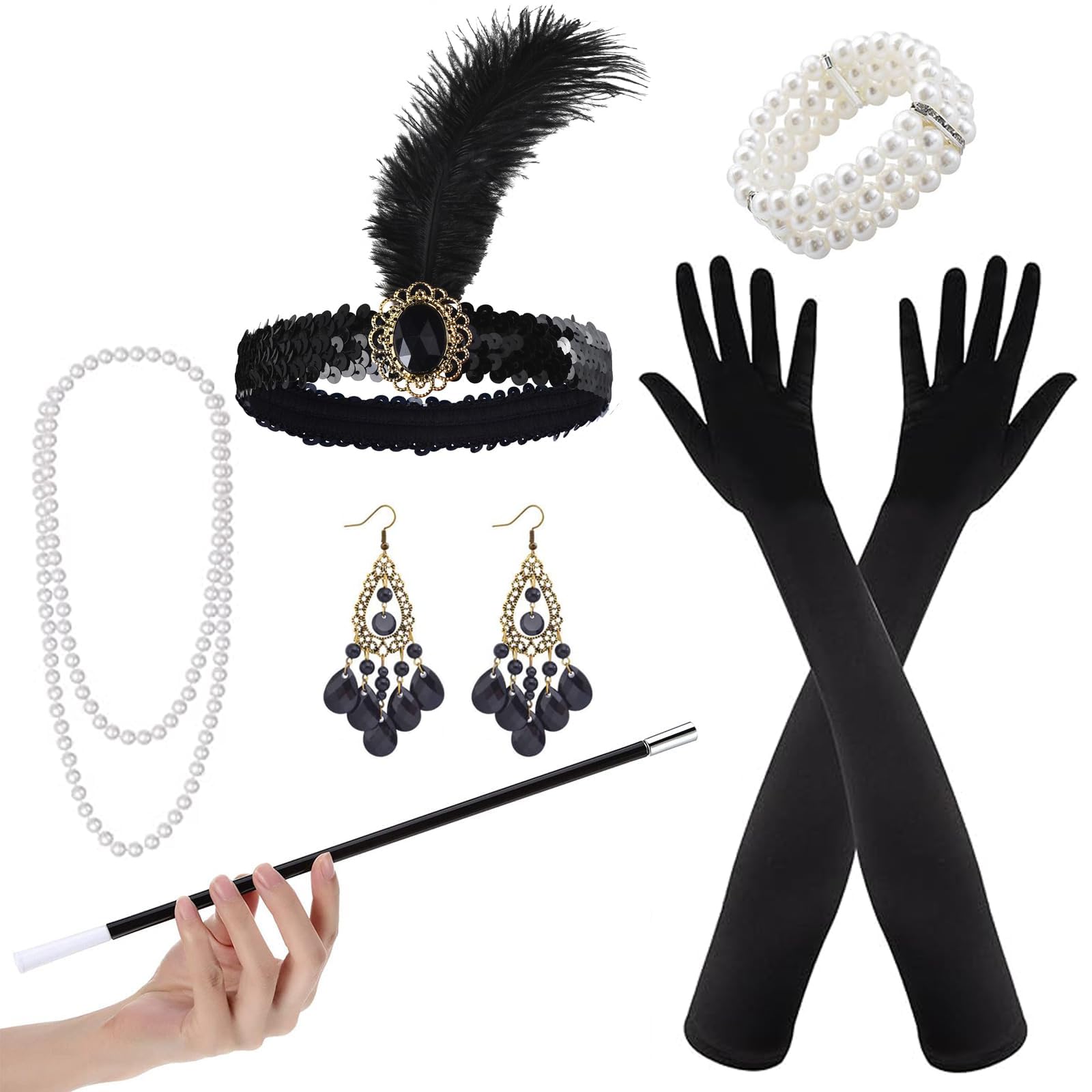 6-Piece 1920s Accessories for Women Great Gatsby Accessories Women, Flapper Roaring 20’s Theme Set with Headband, Gloves, Faux Pearl Necklace, Earrings, Bracelet & Handheld Prop for Vintage Carnival