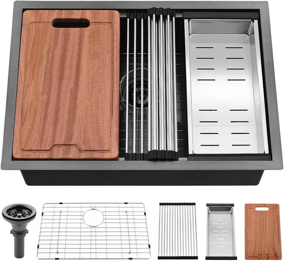 27 Inch Black Undermount Kitchen Sink Workstation-Bokaiya 27x19 Stainless Steel Undermount Sink 16 Gauge Deep Single Bowl Kitchen Sinks with Cutting Board